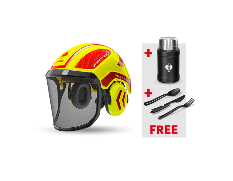 Main view, Combo-Sets, e.s.Forestry helmet Protos®+Food Container+Cutlery, high-vis yellow/fiery red