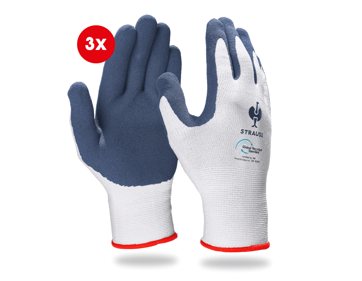 Coated: e.s. Latex foam gloves recycled, 3 pairs + blue/white