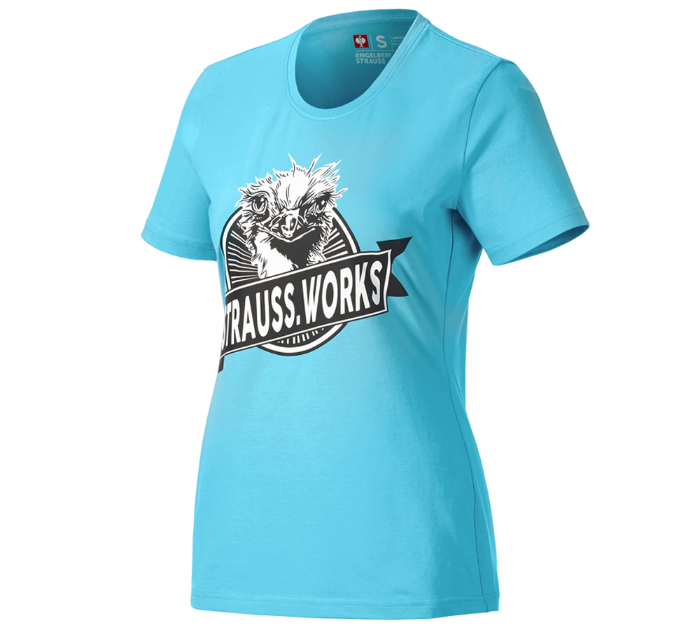 Beklædning: e.s. T-shirt strauss works, damer + lapisturkis