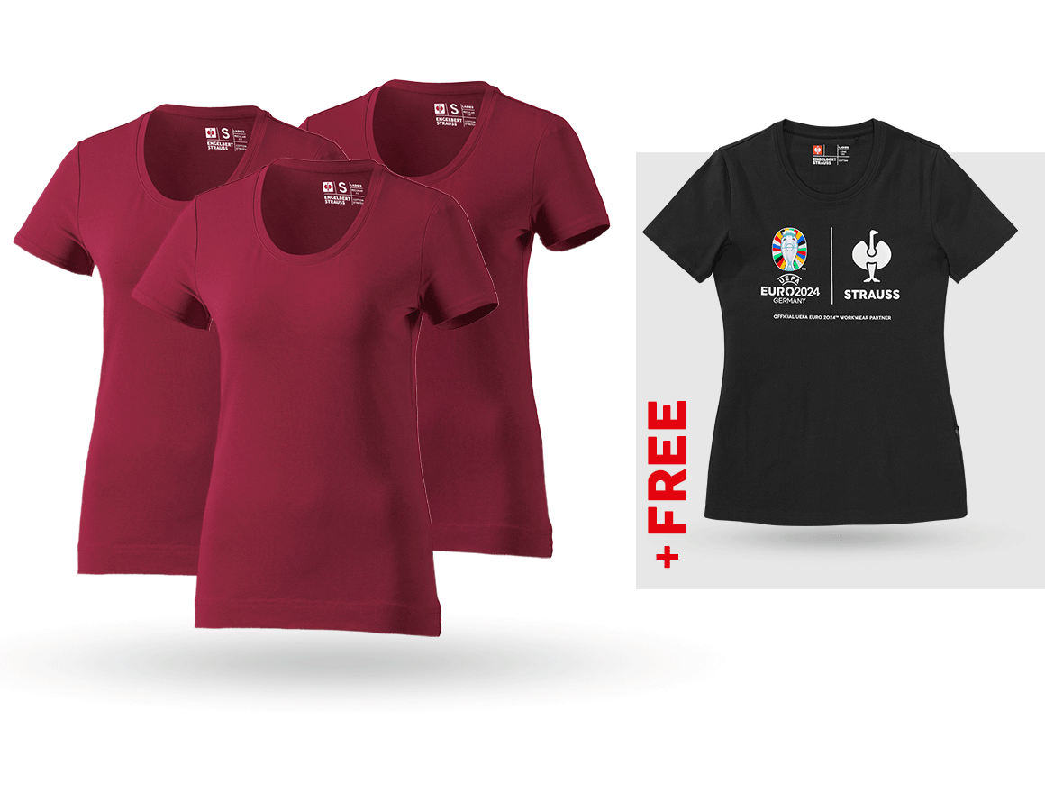 Clothing: SET: 3x women's T-Shirt cotton stretch + Shirt + bordeaux