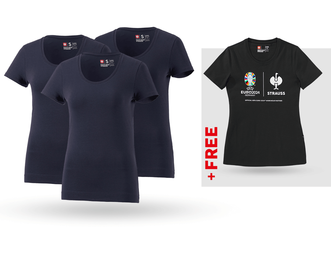 Clothing: SET: 3x women's T-Shirt cotton stretch + Shirt + navy