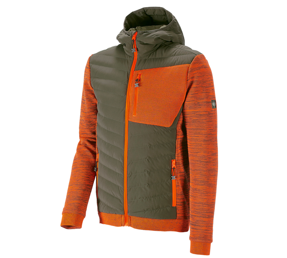 Topics: Hybrid hooded knitted jacket e.s.motion ten + disguisegreen/high-vis orange melange