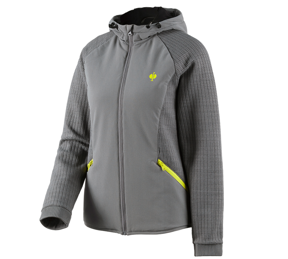 Clothing: Hybrid hooded knitted jacket e.s.trail, ladies' + basaltgrey/acid yellow