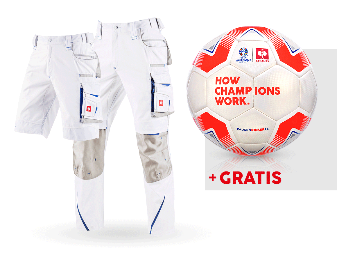 Beklædning: SÆT: Bukser e.s.motion 2020 + shorts + fodbold + hvid/ensianblå