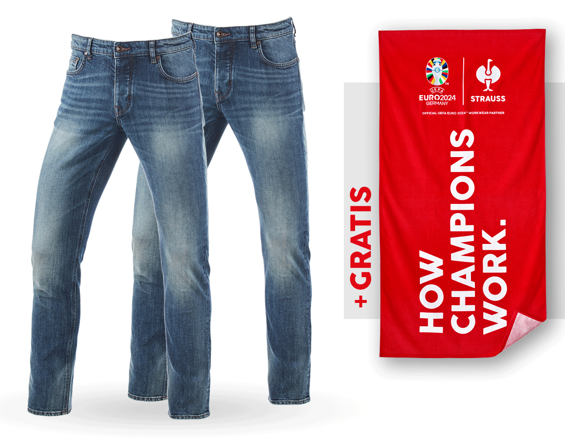 Beklædning: SÆT: 2x e.s. 5-pocket-stretch-jeans,slim+håndklæde + mediumwashed
