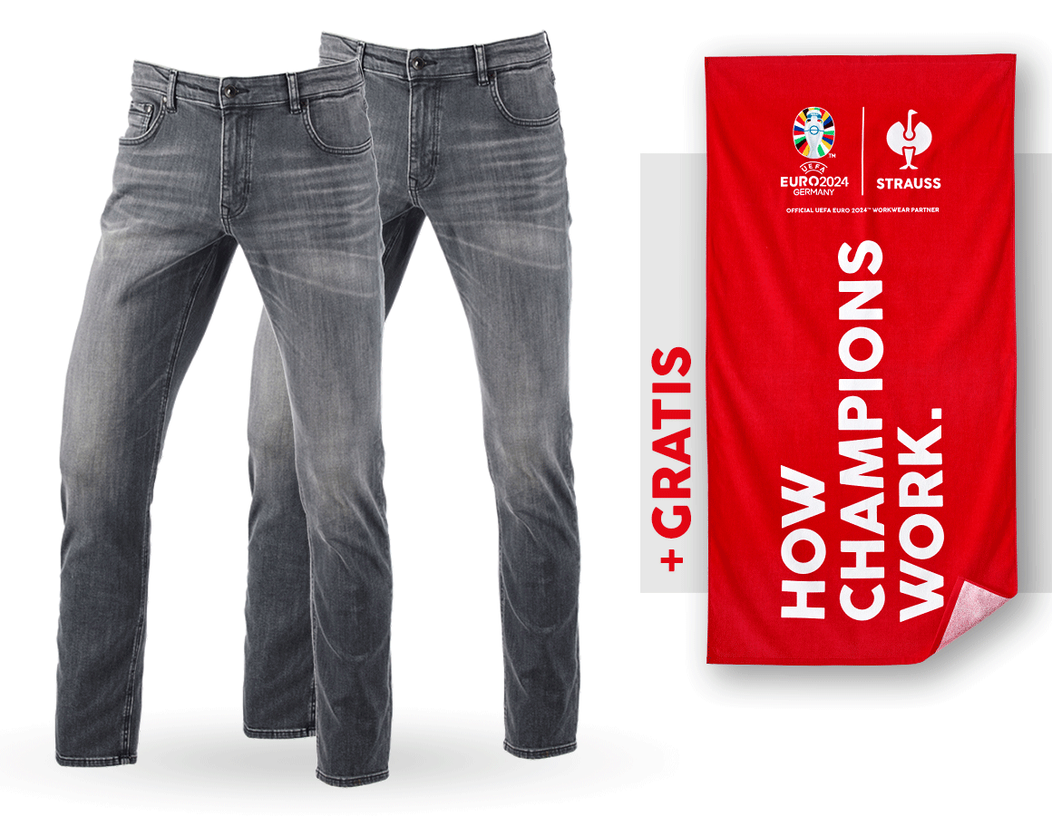 Beklædning: SÆT: 2x 5-pocket-stretch-jeans, straight+håndklæde + graphitewashed