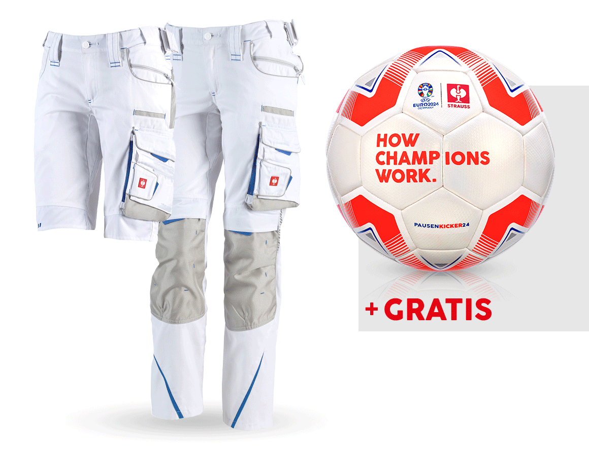 Samarbejde: SÆT: Damebukser e.s.motion 2020 + shorts + fodbold + hvid/ensianblå