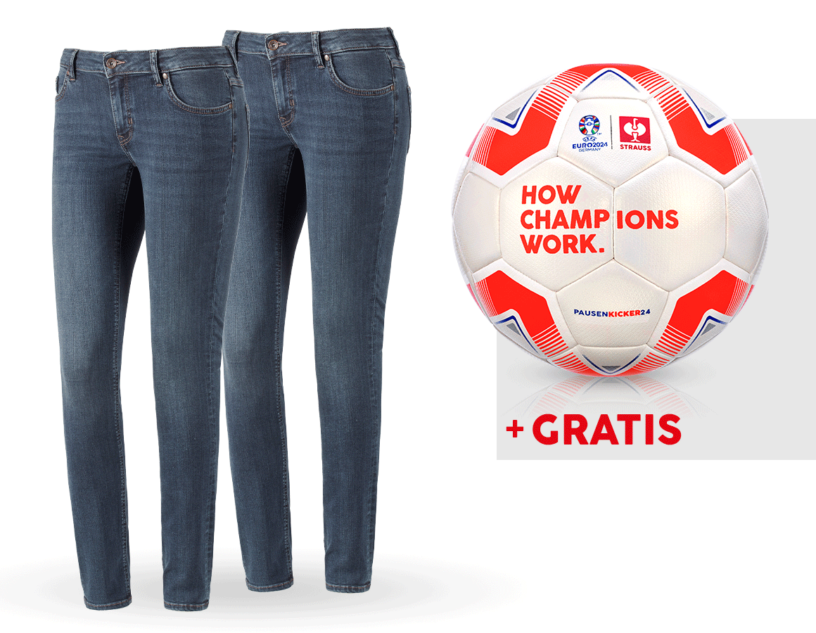 Samarbejde: SÆT: 2x 5-pocket-stretch-jeans, damer + fodbold + mediumwashed