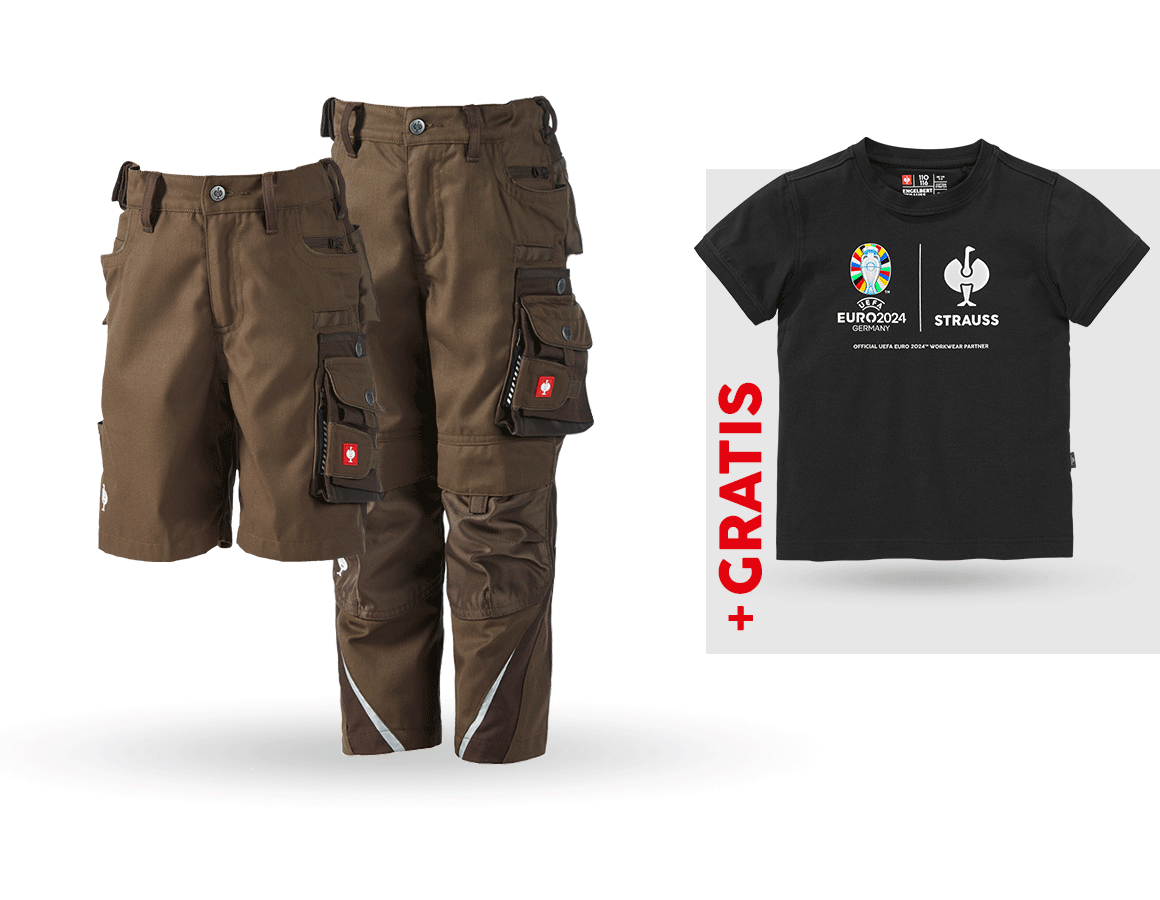 Beklædning: SÆT:Børnebukser e.s.motion+shorts+premium shirt + hasselnød/kastanje