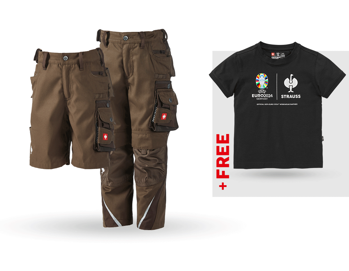 Collaborations: SET: Kid's trousers + shorts e.s.motion + shirt + hazelnut/chestnut