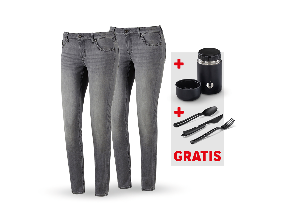 Beklædning: SÆT: 2x5-Pocket-Stretch-jeans, da.+madkasse+bestik + graphitewashed