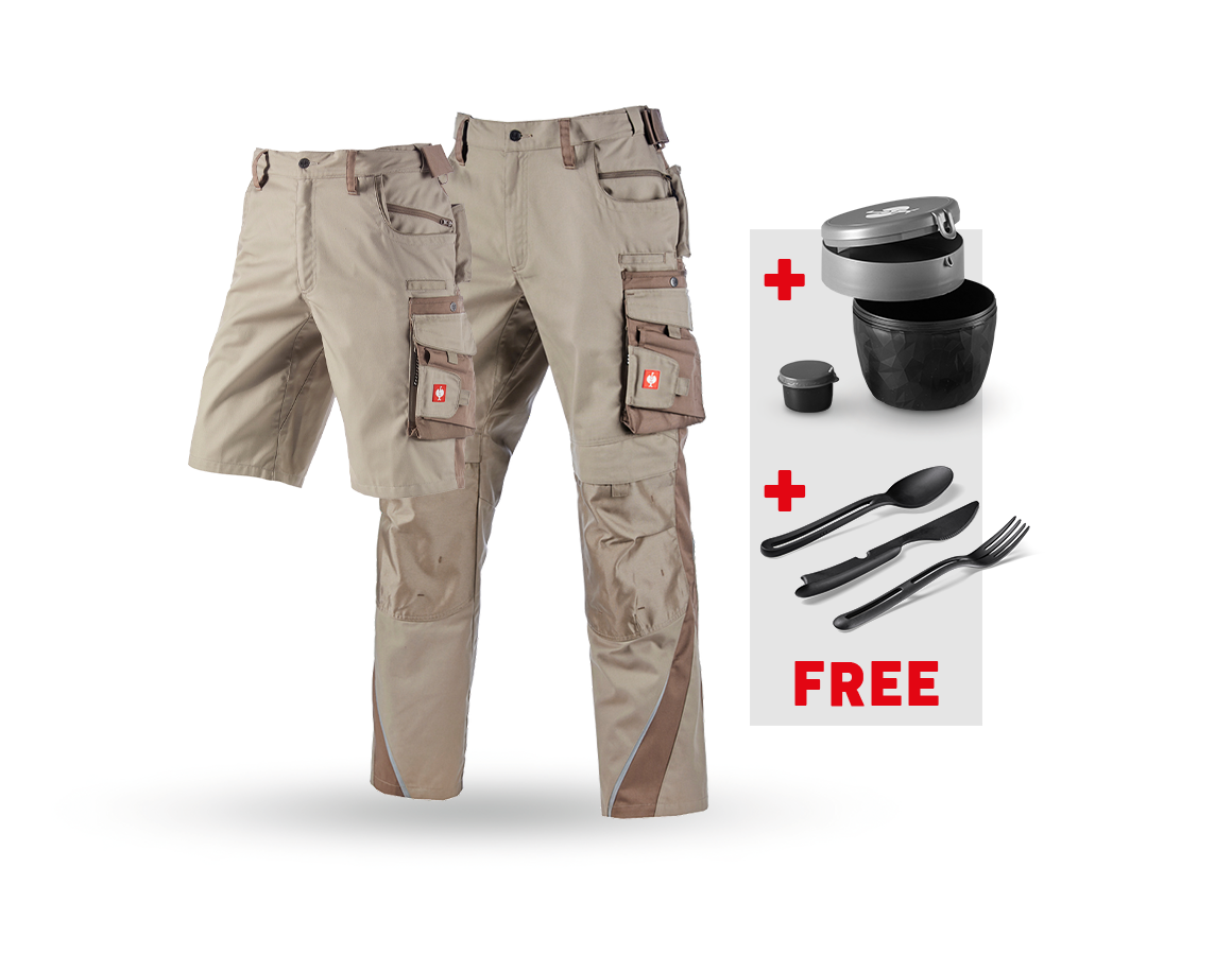 Clothing: SET: Trousers+Shorts e.s.motion+Lunchbox+Cutlery + clay/peat