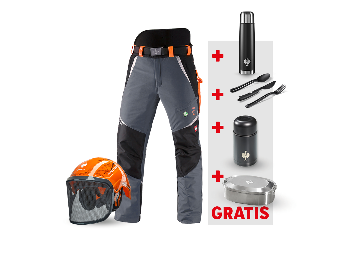 Beklædning: SÆT: e.s.skovbukser med skærebeskyttelse KWF+hjelm + grå/advarselsorange