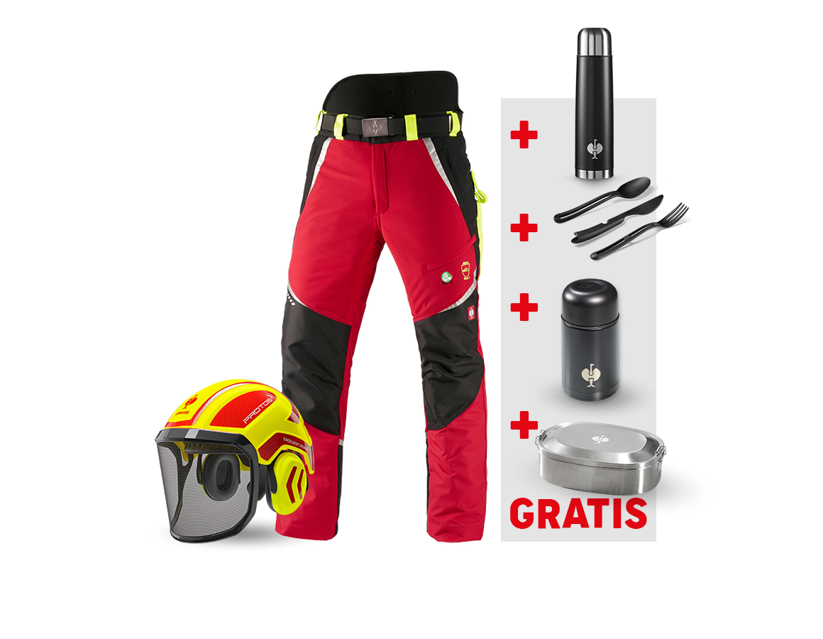 Beklædning: SÆT: e.s.skovbukser med skærebeskyttelse KWF+hjelm + rød/advarselsgul