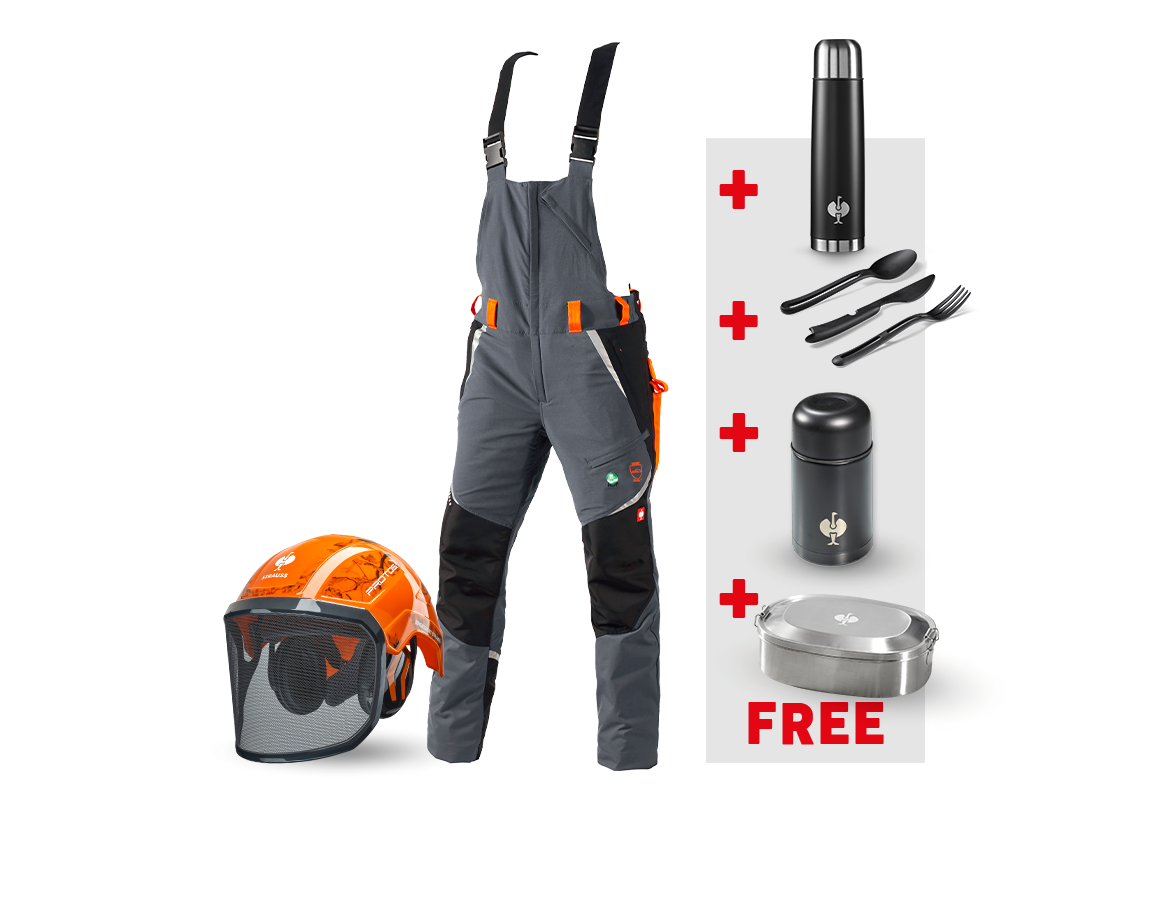 Clothing: SET: e.s. Forestry cut prot. bib&brace KWF+ helmet + grey/high-vis orange