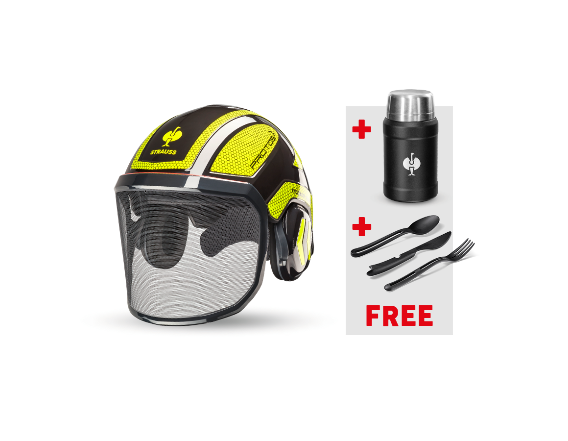 Personal Protection: e.s.Forestry helmet Protos®+Food Container+Cutlery + black/high-vis yellow