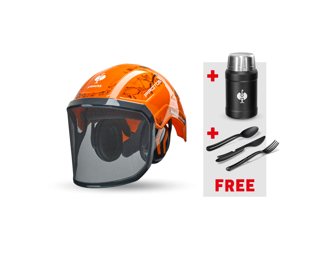 Personal Protection: e.s.Forestry helmet Protos®+Food Container+Cutlery + high-vis orange woodprint