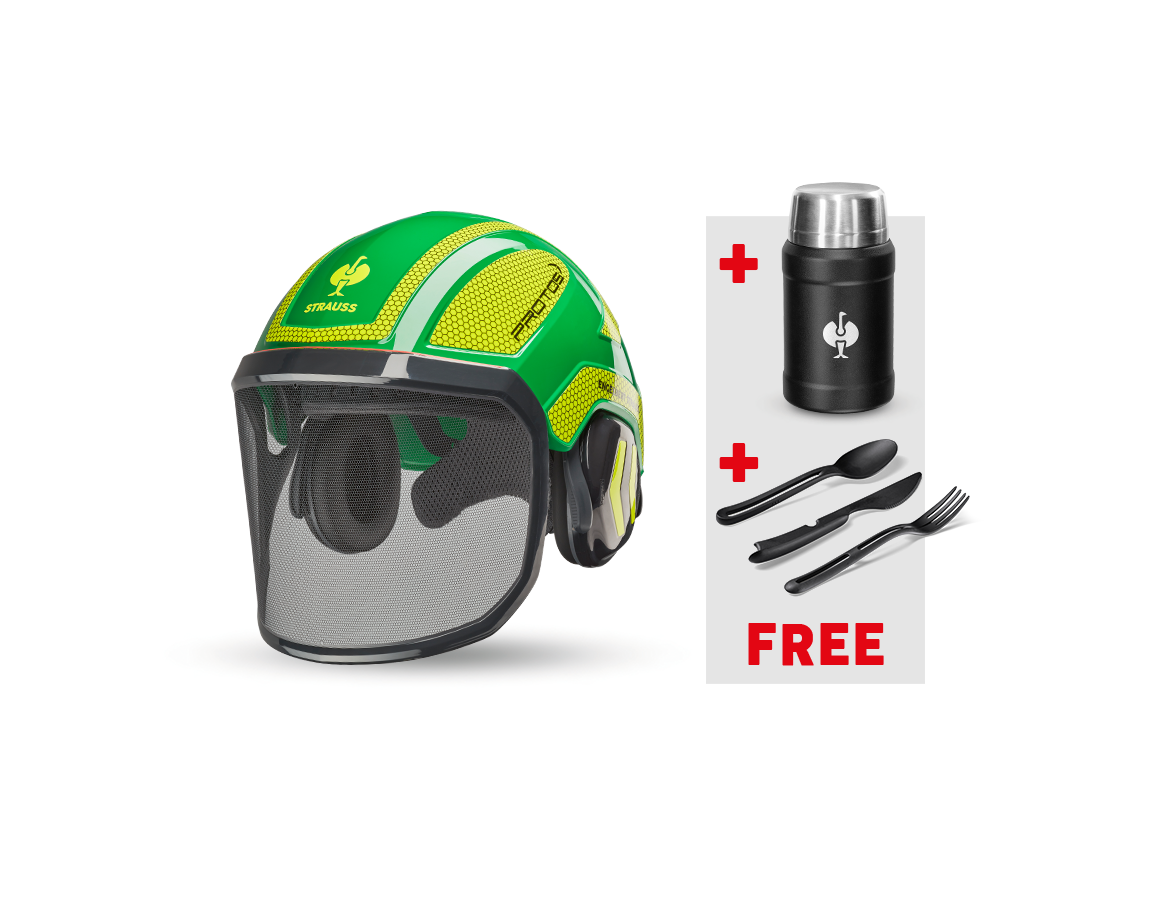 Personal Protection: e.s.Forestry helmet Protos®+Food Container+Cutlery + green/high-vis yellow