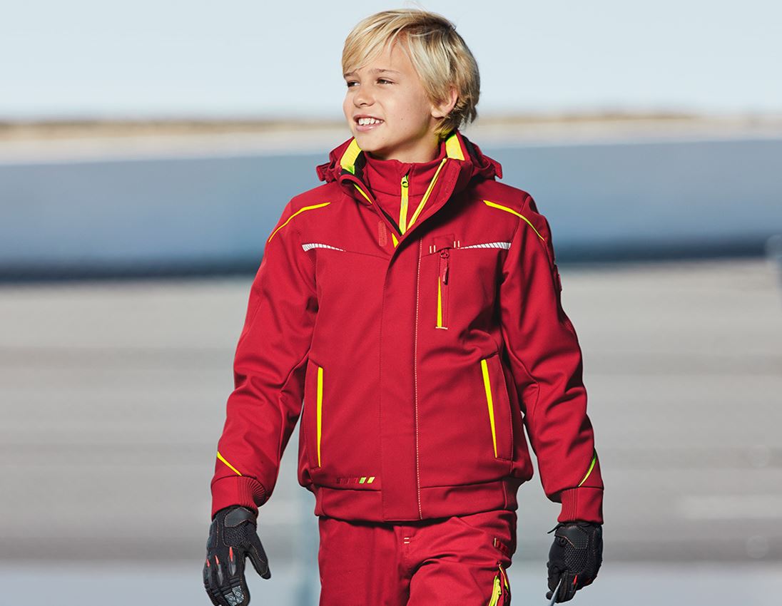 Emner: Vinter softshelljakke e.s.motion 2020, børn + ildrød/advarselsgul
