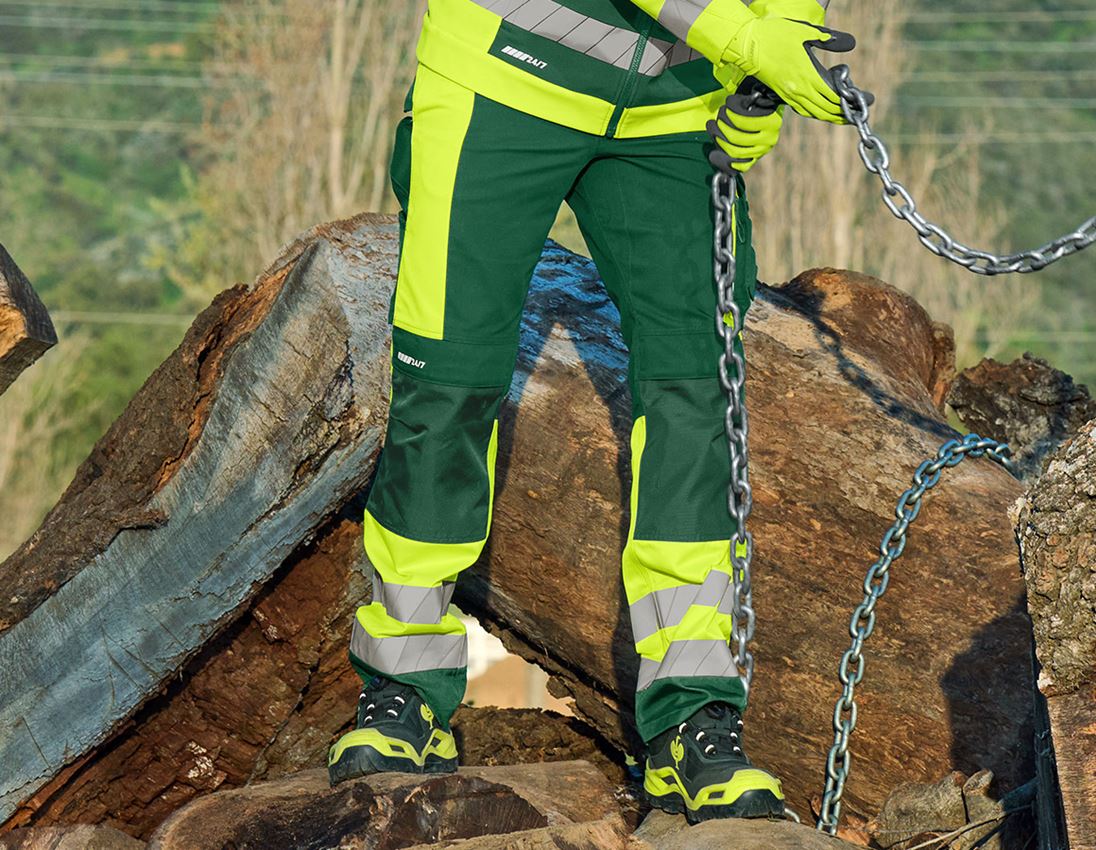 Clothing: High-vis trousers e.s.motion 24/7 + green/high-vis yellow 1