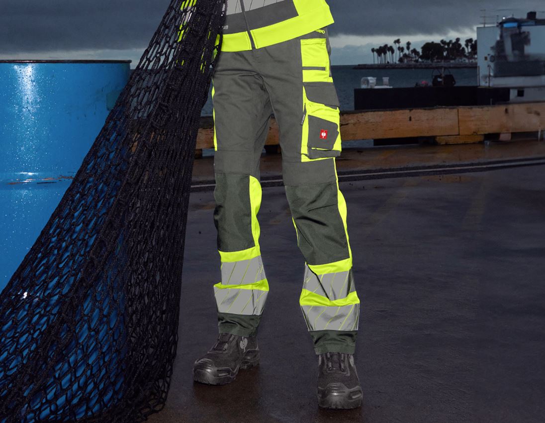 Work Trousers: High-vis trousers e.s.motion 24/7, ladies’ + anthracite/high-vis yellow