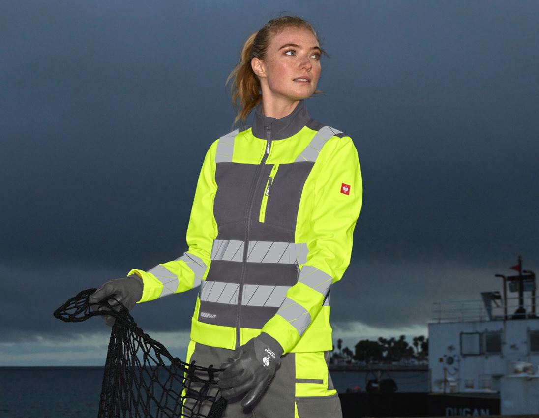 Work Jackets: High-vis softshell jacket e.s.motion 24/7, ladies' + anthracite/high-vis yellow