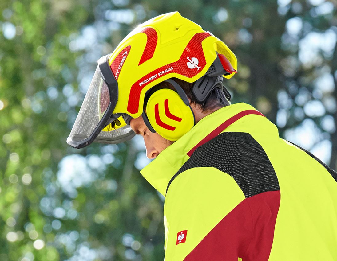 Beklædning: SÆT: e.s.skovbukser med skærebeskyttelse KWF+hjelm + rød/advarselsgul 1
