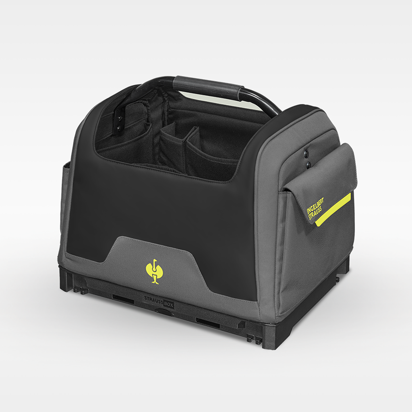 STRAUSSbox System: Tool set + STRAUSSbox tool bag, open + basaltgrey/acid yellow 2