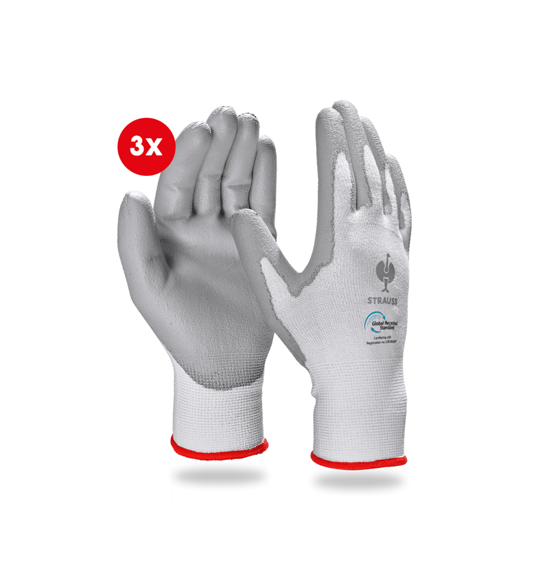 Coated: e.s. PU gloves recycled, 3 pairs + grey/white