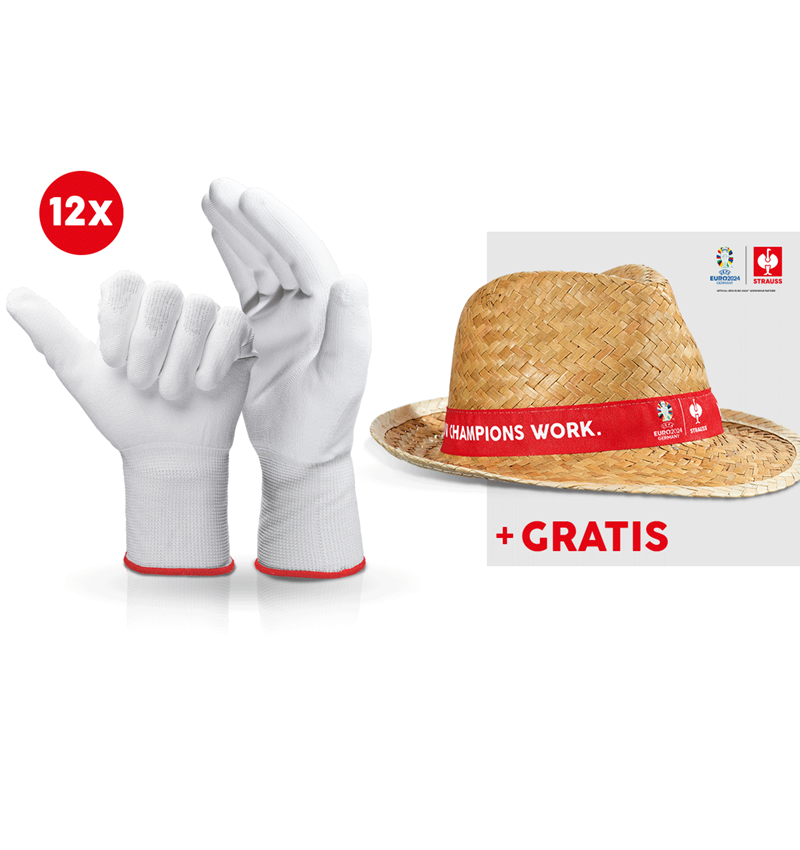 Samarbejde: 12x PU-mikrohandsker+EURO2024 hat + hvid