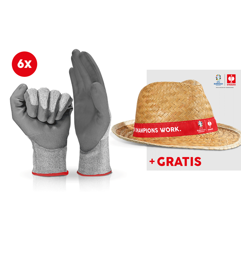 Samarbejde: 6xPU-handsker m skærebeskyttelse,cutC+EURO2024 hat