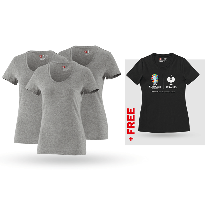 Clothing: SET: 3x women's T-Shirt cotton stretch + Shirt + grey melange