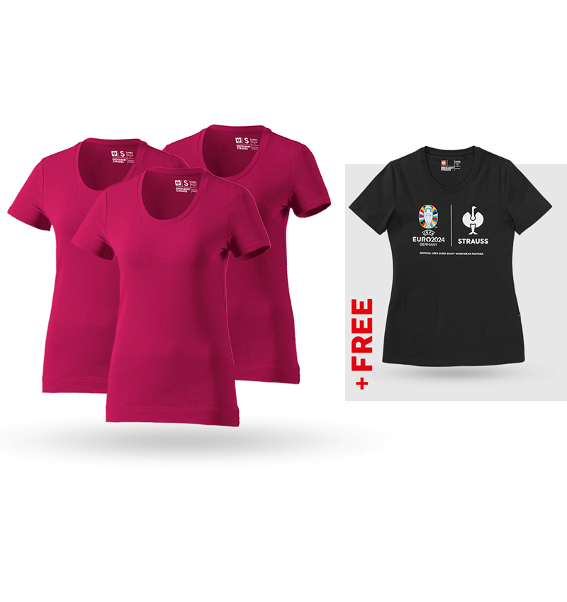 Clothing: SET: 3x women's T-Shirt cotton stretch + Shirt + berry