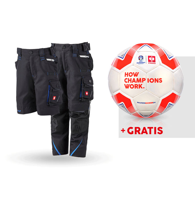 Beklædning: SÆT: Børnebukser e.s.motion 2020+shorts+fodbold + grafit/ensianblå