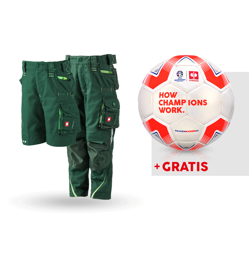 Beklædning: SÆT: Børnebukser e.s.motion 2020+shorts+fodbold + grøn/havgrøn