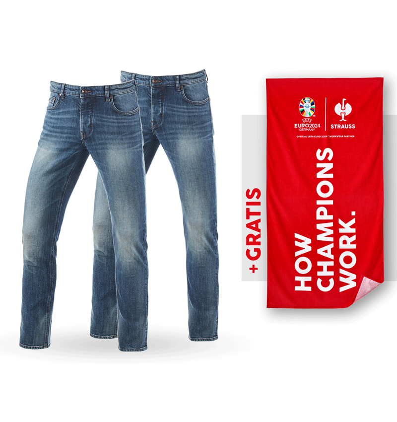 Samarbejde: SÆT: 2x e.s. 5-pocket-stretch-jeans,slim+håndklæde + mediumwashed