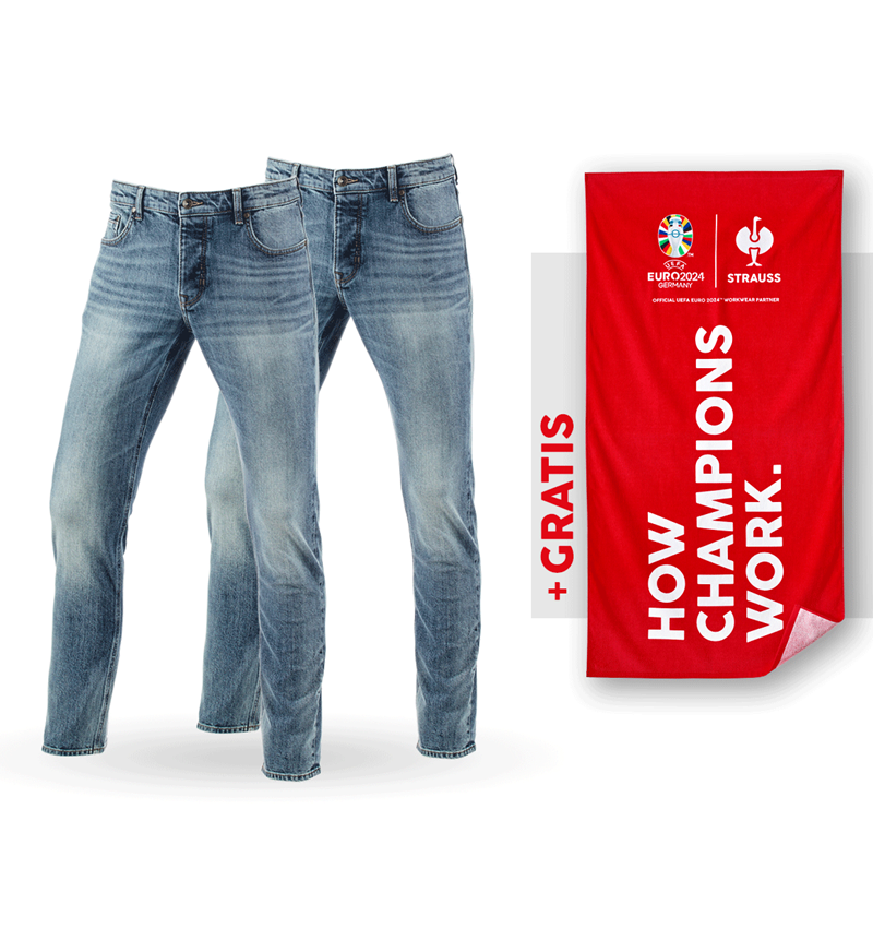 Samarbejde: SÆT: 2x e.s. 5-pocket-stretch-jeans,slim+håndklæde + stonewashed