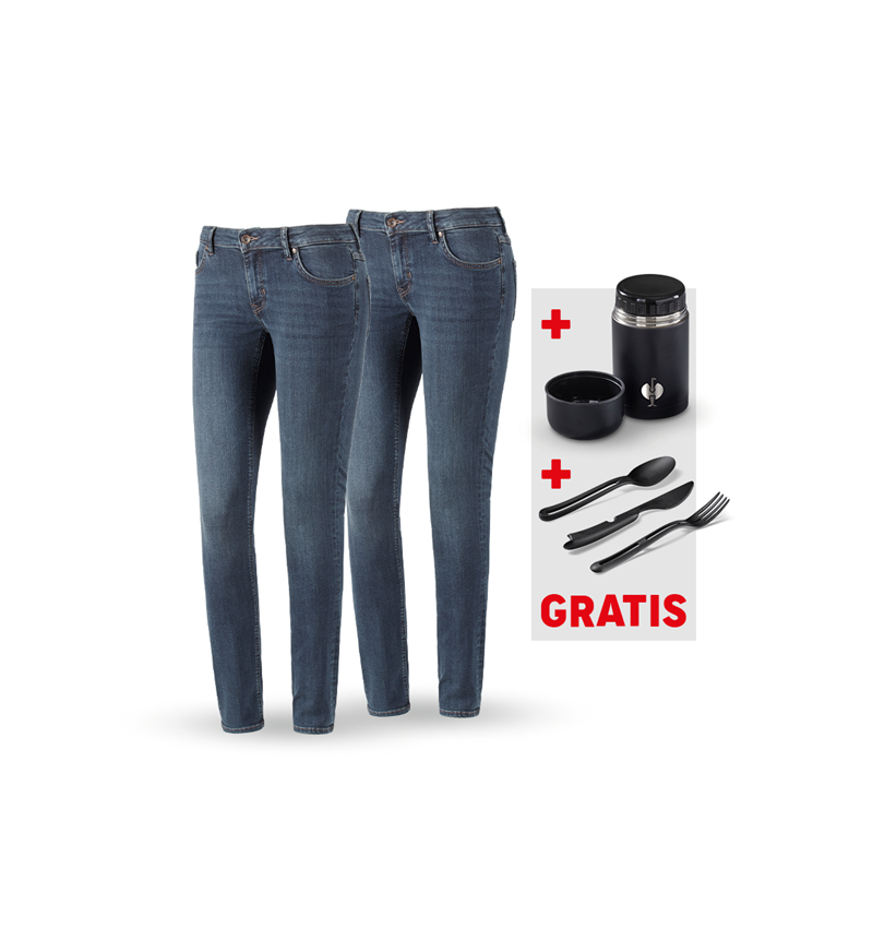 Beklædning: SÆT: 2x5-Pocket-Stretch-jeans, da.+madkasse+bestik + mediumwashed