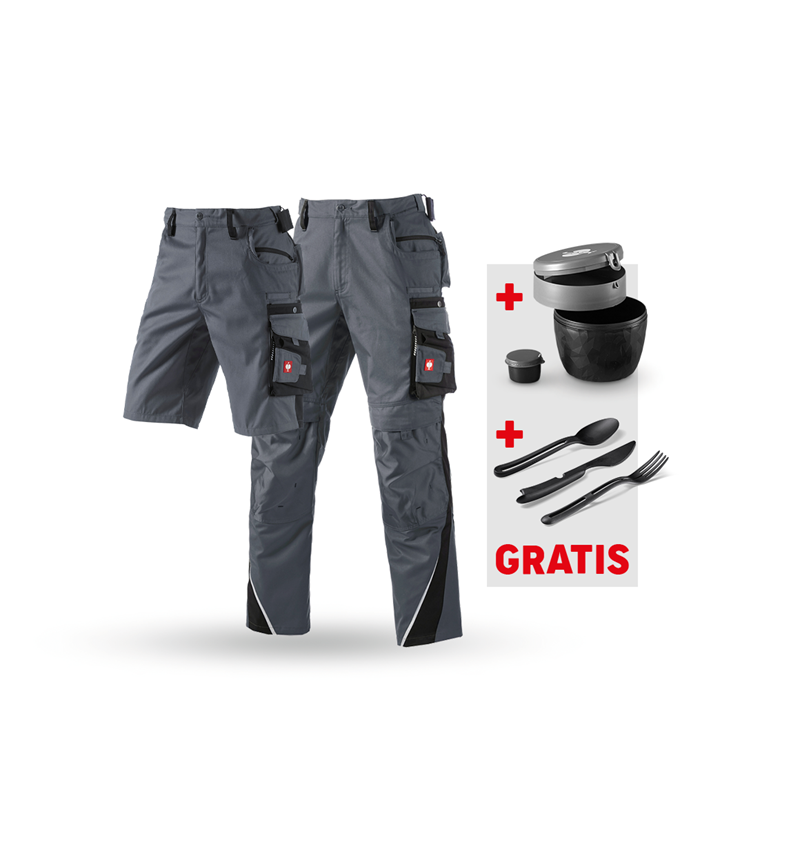 Beklædning: SÆT: Bukser+shorts e.s.motion+madkasse+bestikket + grå/sort