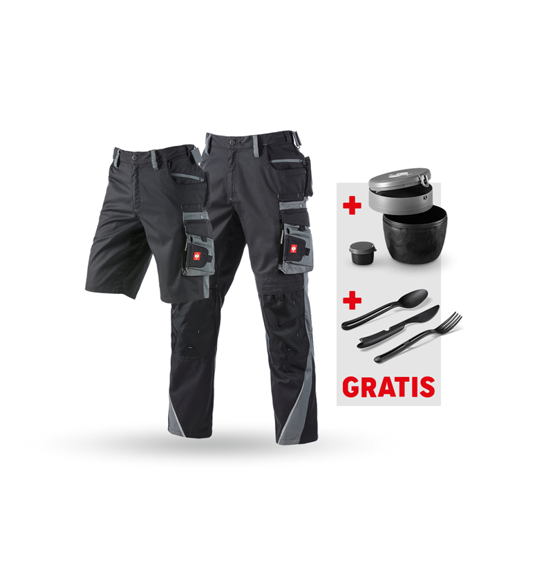 Beklædning: SÆT: Bukser+shorts e.s.motion+madkasse+bestikket + grafit/cement