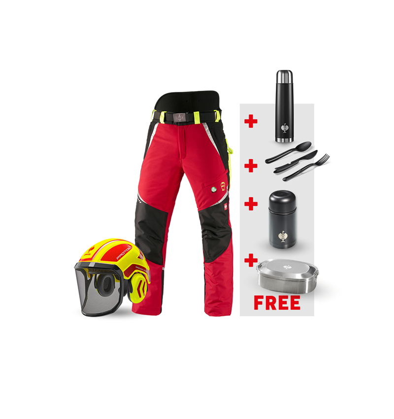 Clothing: SET: e.s. Forestry cut prot. trousers KWF + helmet + red/high-vis yellow