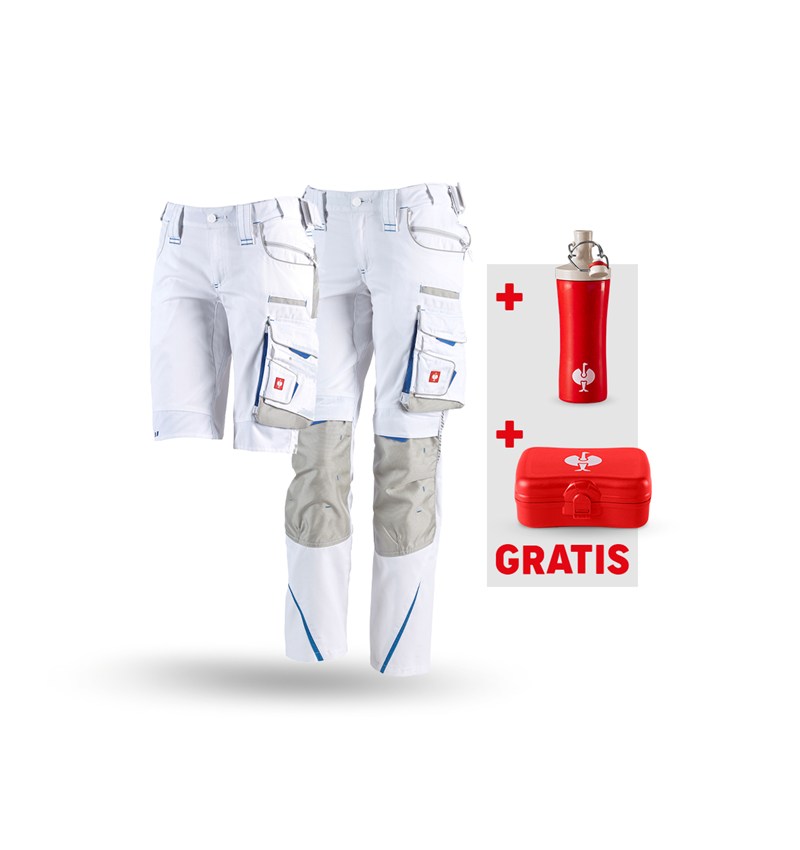 Beklædning: SÆT:Damebukser+shorts e.s.motion 2020+madk.+flaske + hvid/ensianblå