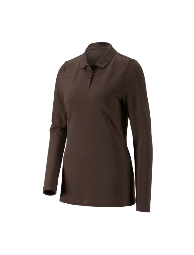 T-Shirts, Pullover & Skjorter: e.s. Pique-Polo longsleeve cotton stretch,damer + kastanje